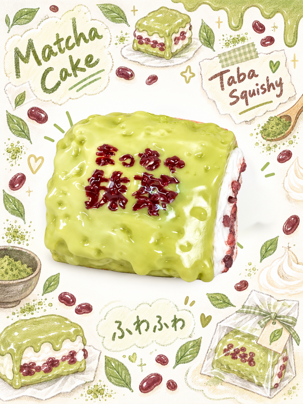 Realistic Matcha Green Tea Cake Slice Taba Squishy