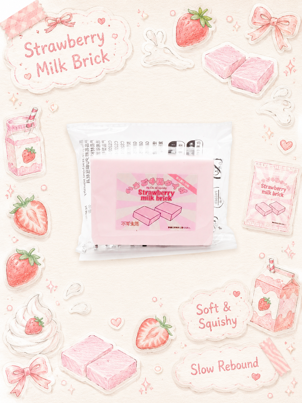 Sweet Strawberry Milk Taffy Slowrising Squishy Toy