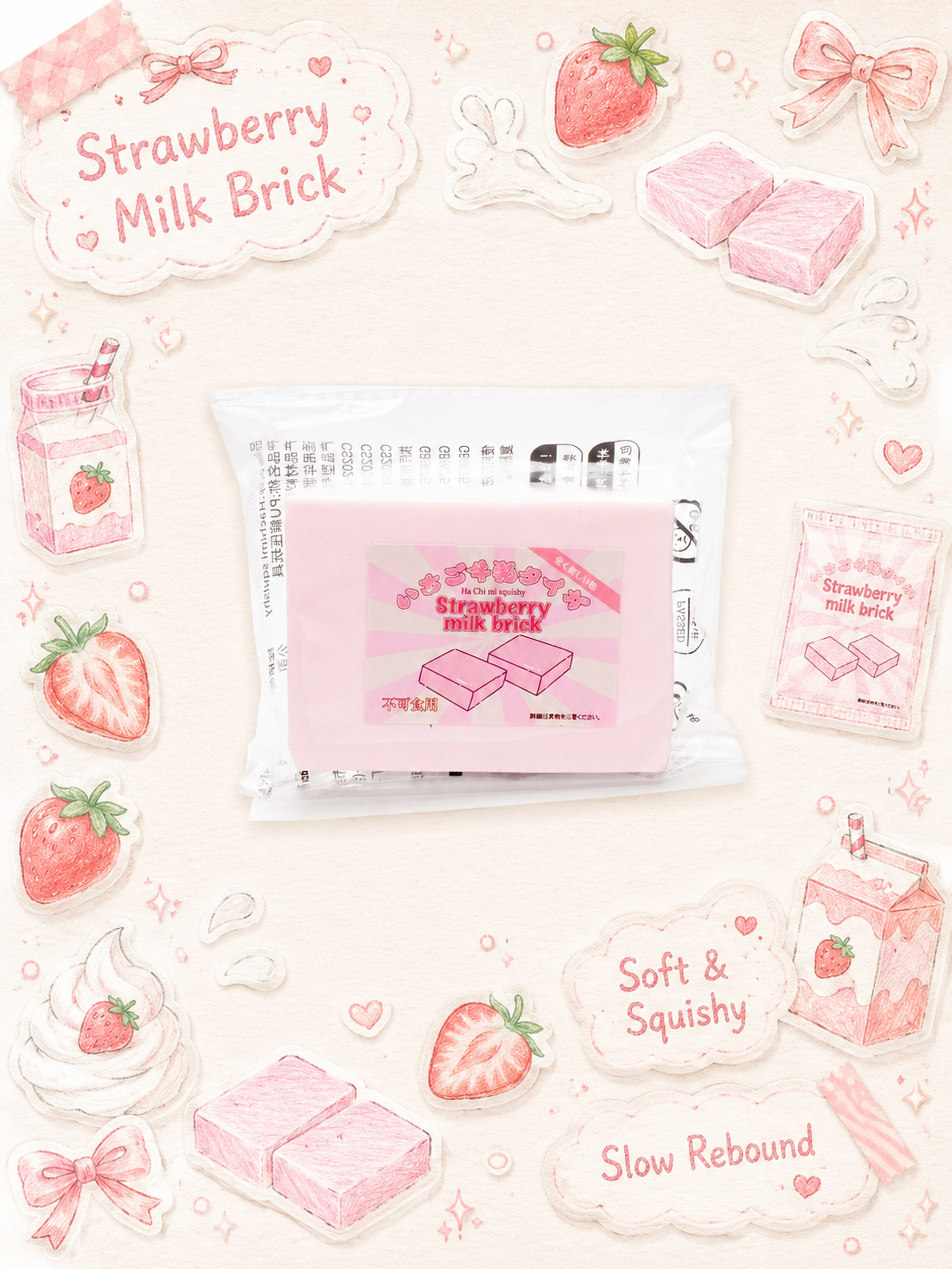 Sweet Strawberry Milk Taffy Slowrising Squishy Toy