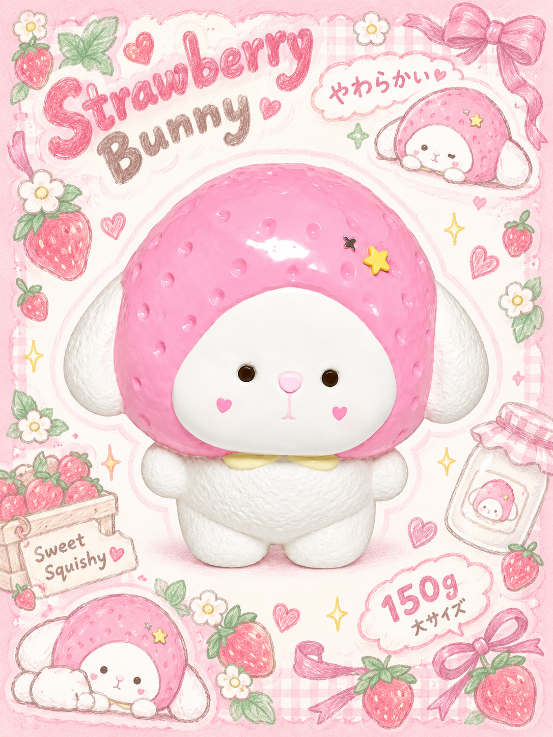 Kawaii Strawberry Bunny Taba Squishy - Handmade Fidget Stress Relief Toy